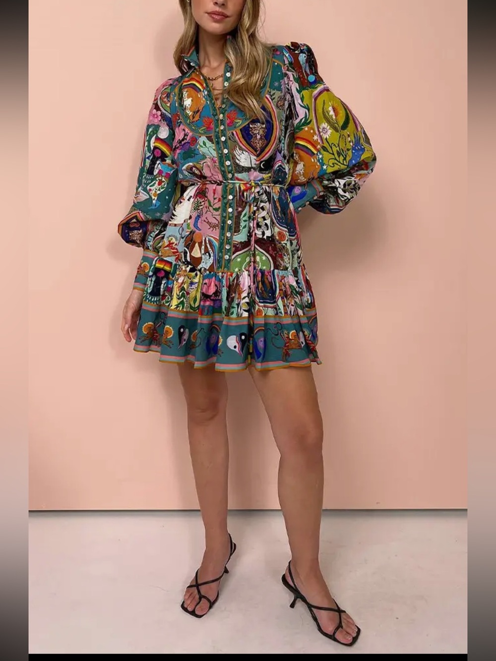 Alemais Whimsical Multicolor Printed Long-Sleeve Button Front Dress